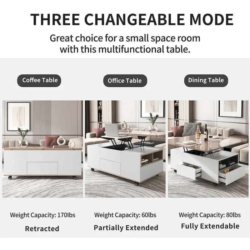 Table basse à plateau relevable moderne noyer et blanc table multifonctionnelle avec tiroirs et étagères