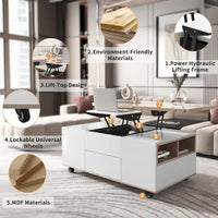 Table basse à plateau relevable moderne noyer et blanc table multifonctionnelle avec tiroirs et étagères