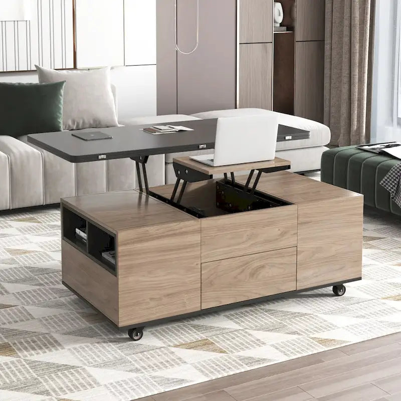 Table basse à plateau relevable moderne noyer et blanc table multifonctionnelle avec tiroirs et étagères