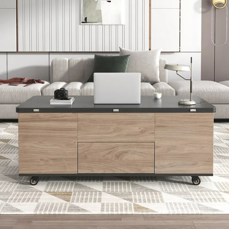 Table basse à plateau relevable moderne noyer et blanc table multifonctionnelle avec tiroirs et étagères