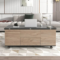 Table basse à plateau relevable moderne noyer et blanc table multifonctionnelle avec tiroirs et étagères