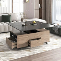 Table basse à plateau relevable moderne noyer et blanc table multifonctionnelle avec tiroirs et étagères