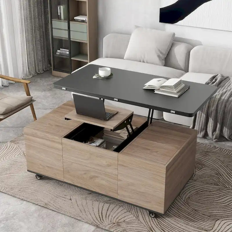 Table basse à plateau relevable moderne noyer et blanc table multifonctionnelle avec tiroirs et étagères