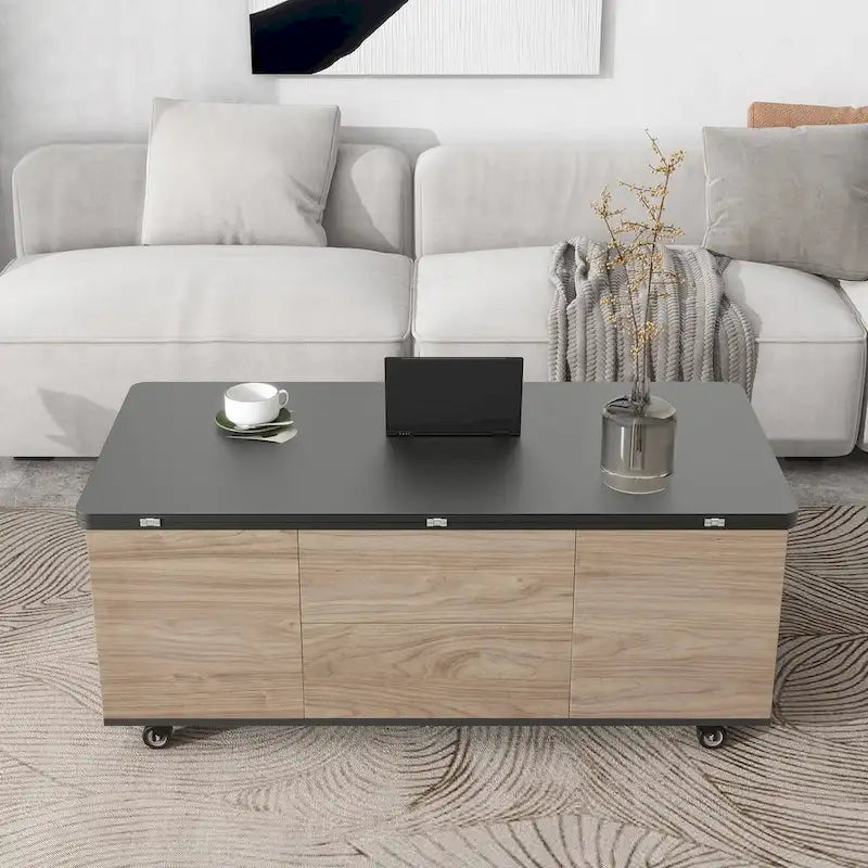 Table basse à plateau relevable moderne noyer et blanc table multifonctionnelle avec tiroirs et étagères