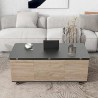 Table basse à plateau relevable moderne noyer et blanc table multifonctionnelle avec tiroirs et étagères
