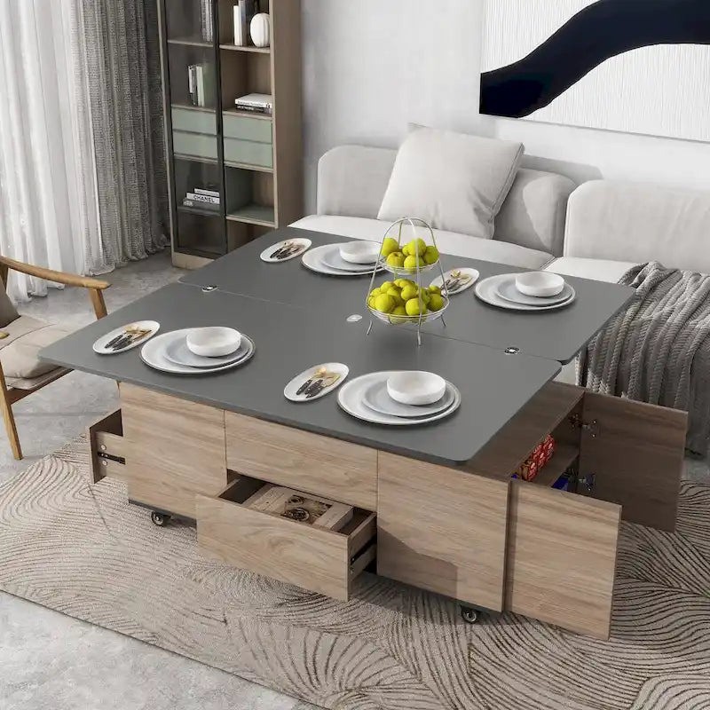 Table basse à plateau relevable moderne noyer et blanc table multifonctionnelle avec tiroirs et étagères