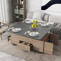 Table basse à plateau relevable moderne noyer et blanc table multifonctionnelle avec tiroirs et étagères
