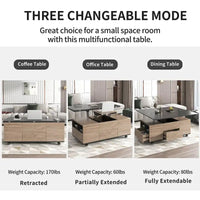 Table basse à plateau relevable moderne noyer et blanc table multifonctionnelle avec tiroirs et étagères