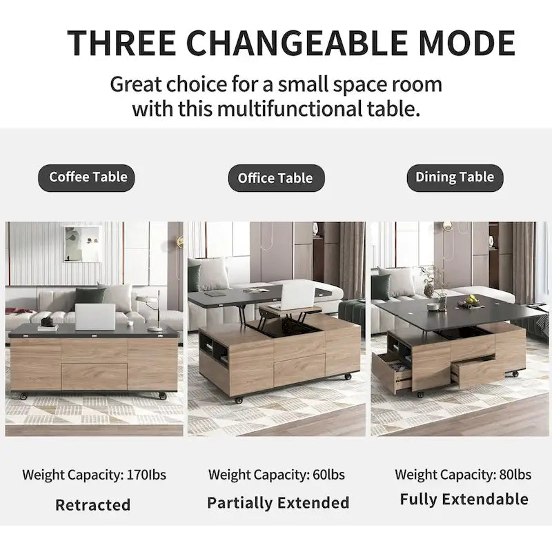 Table basse à plateau relevable moderne noyer et blanc table multifonctionnelle avec tiroirs et étagères