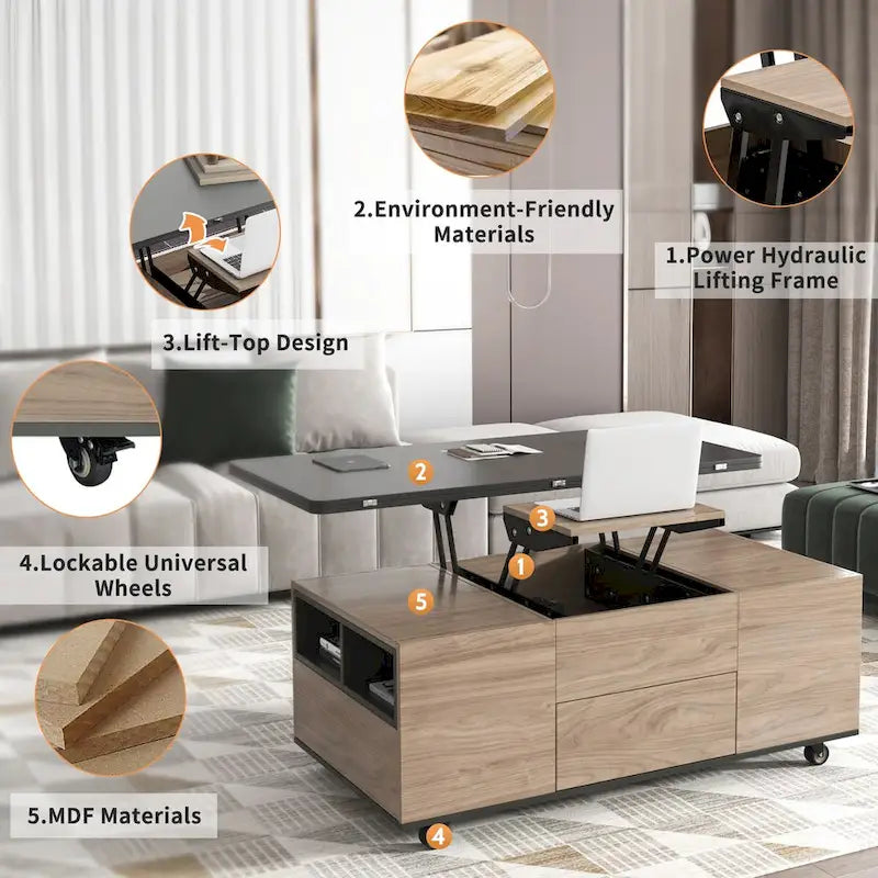 Table basse à plateau relevable moderne noyer et blanc table multifonctionnelle avec tiroirs et étagères