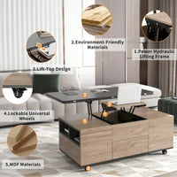 Table basse à plateau relevable moderne noyer et blanc table multifonctionnelle avec tiroirs et étagères