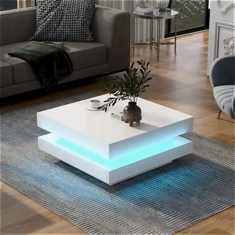 Table basse carrée à 2 niveaux, design minimaliste très brillant avec lumières LED, table basse de salon