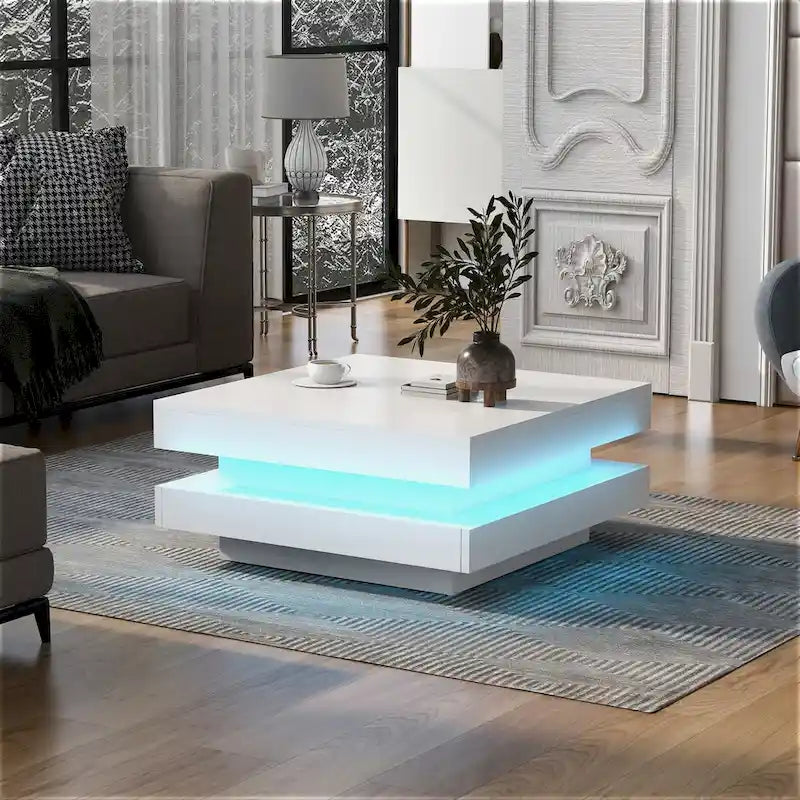 Table basse carrée à 2 niveaux design minimaliste haute brillance avec éclairage LED, table centrale pour salon
