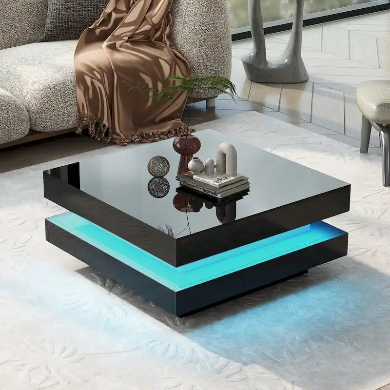 Table basse carrée à 2 niveaux design minimaliste haute brillance avec éclairage LED, table centrale pour salon