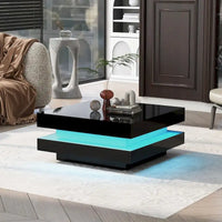 Table basse carrée à 2 niveaux design minimaliste haute brillance avec éclairage LED, table centrale pour salon