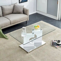 Table basse moderne et tendance rectangulaire avec plateau en verre trempé et pieds en MDF blanc