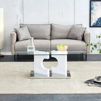 Table basse moderne et tendance rectangulaire avec plateau en verre trempé et pieds en MDF blanc