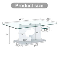 Table basse moderne et tendance rectangulaire avec plateau en verre trempé et pieds en MDF blanc