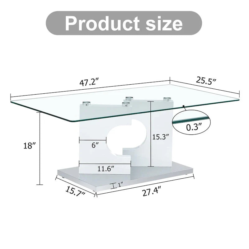 Table basse moderne et tendance rectangulaire avec plateau en verre trempé et pieds en MDF blanc