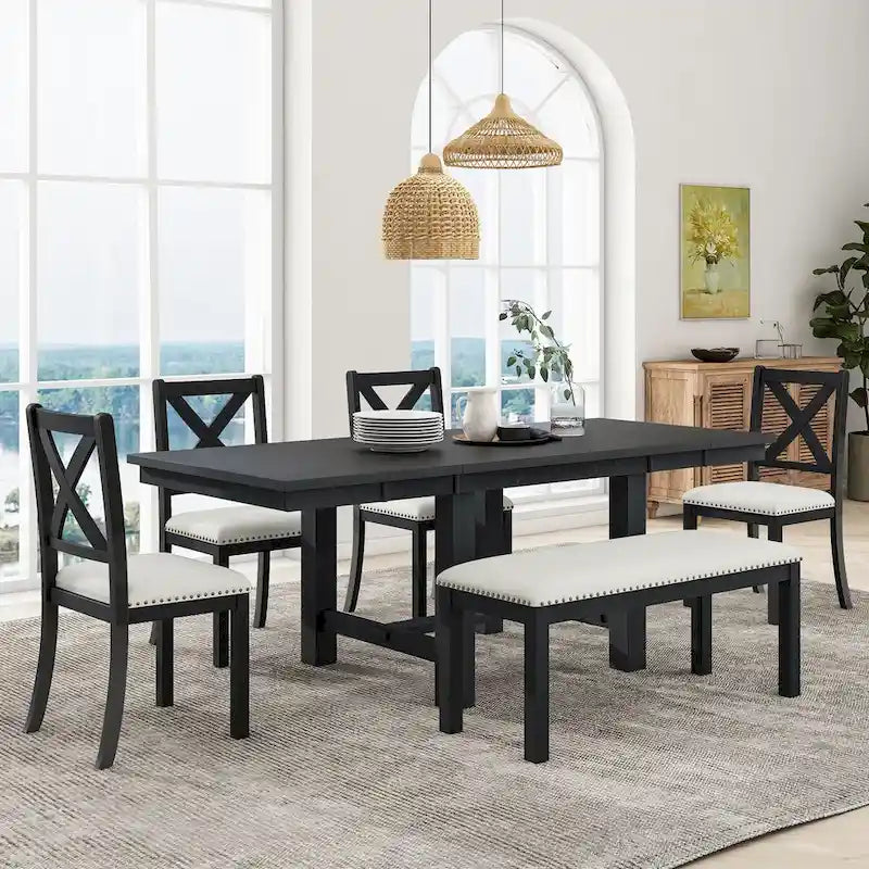 Ensemble de table à manger extensible 6 pièces avec 4 chaises et banc