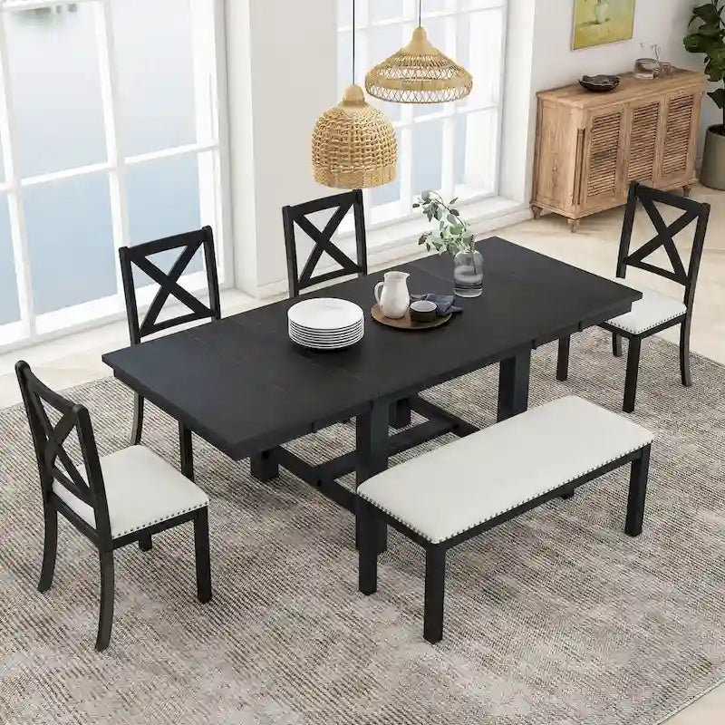 Ensemble de table à manger extensible 6 pièces avec 4 chaises et banc