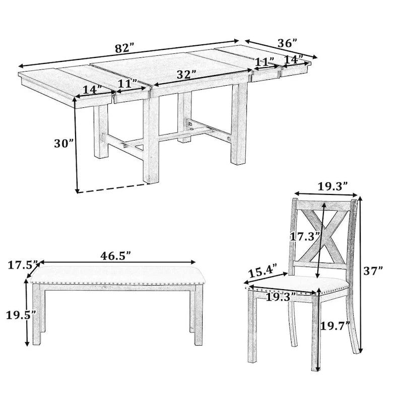 Ensemble de table à manger extensible 6 pièces avec 4 chaises et banc