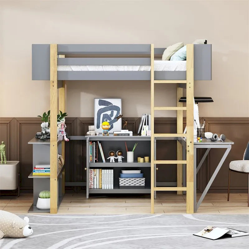 Lit mezzanine en bois Merax avec armoire de rangement intégrée et étagères, bureau pliable