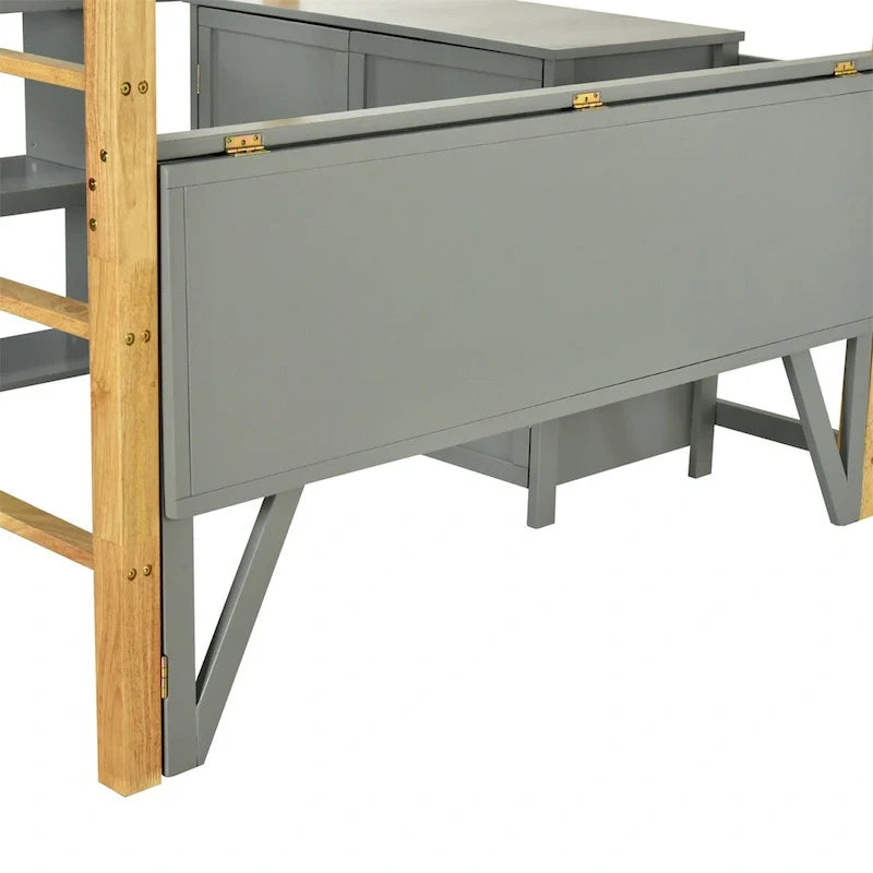 Lit mezzanine en bois Merax avec armoire de rangement intégrée et étagères, bureau pliable