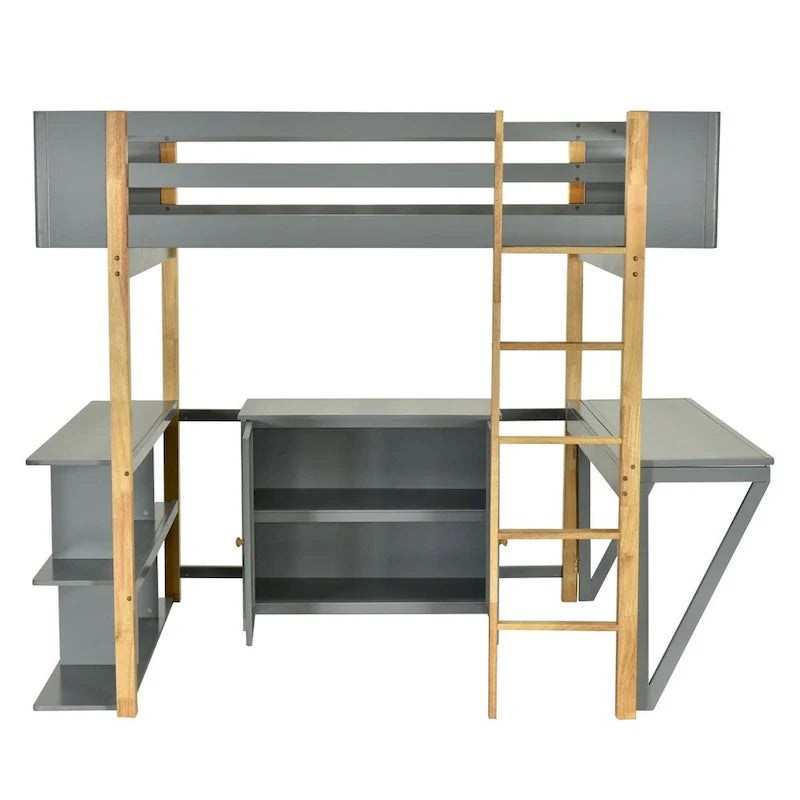 Lit mezzanine en bois Merax avec armoire de rangement intégrée et étagères, bureau pliable