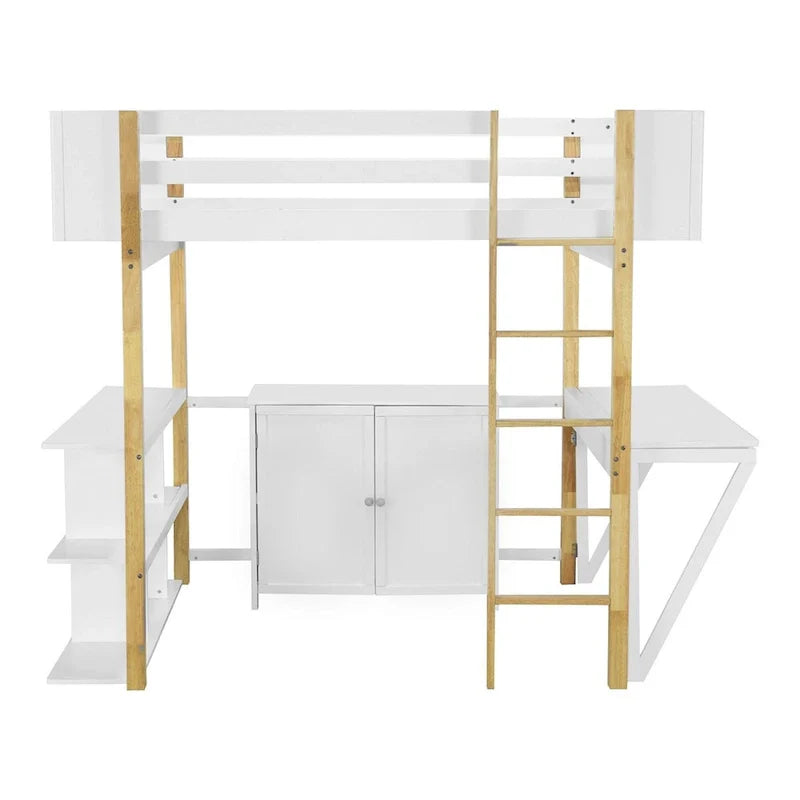 Lit mezzanine en bois Merax avec armoire de rangement intégrée et étagères, bureau pliable