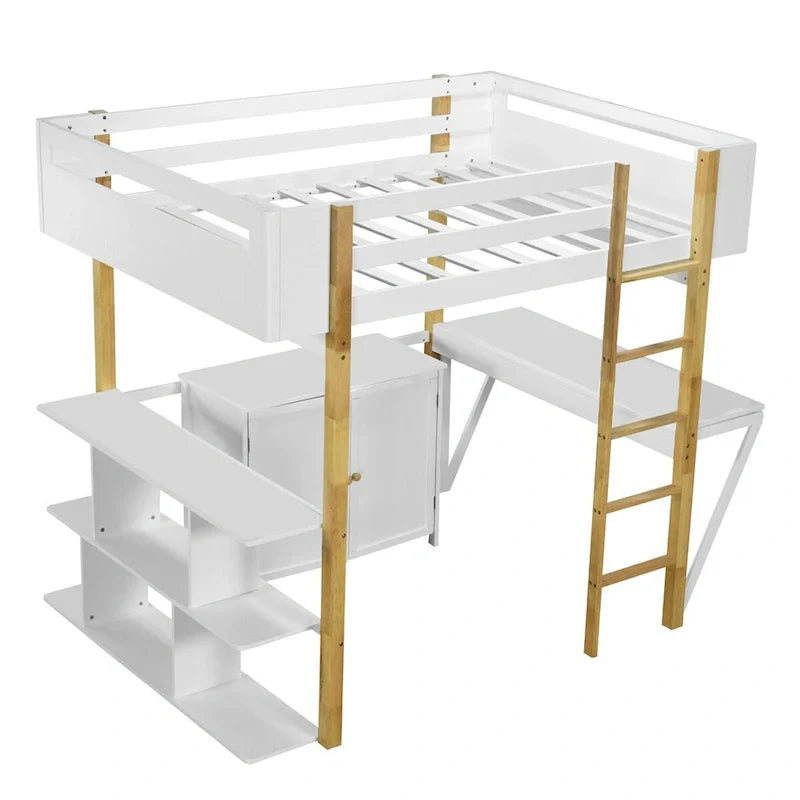 Lit mezzanine en bois Merax avec armoire de rangement intégrée et étagères, bureau pliable