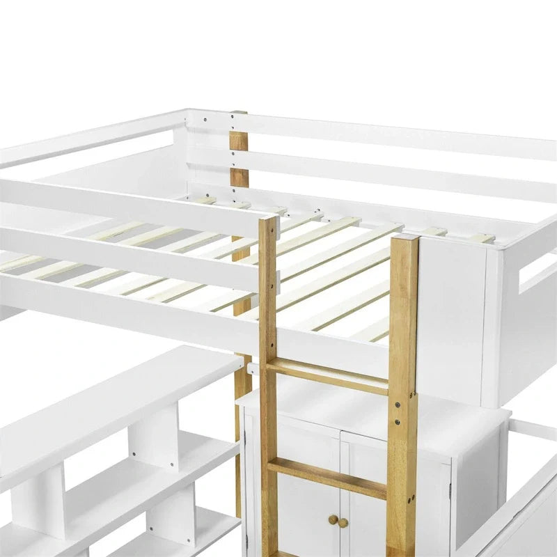 Lit mezzanine en bois Merax avec armoire de rangement intégrée et étagères, bureau pliable