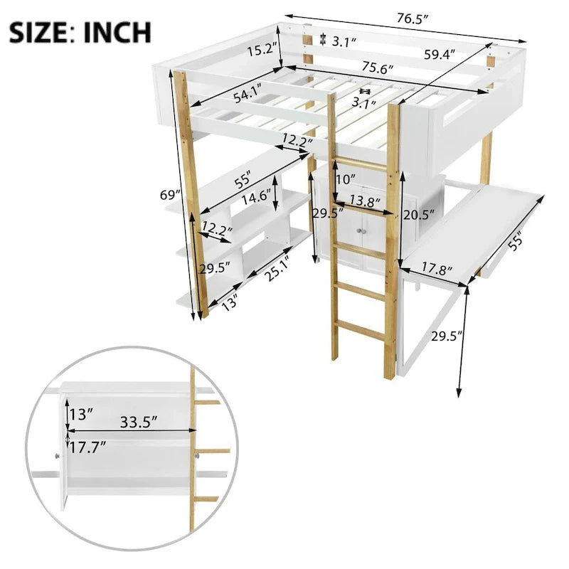 Lit mezzanine en bois Merax avec armoire de rangement intégrée et étagères, bureau pliable