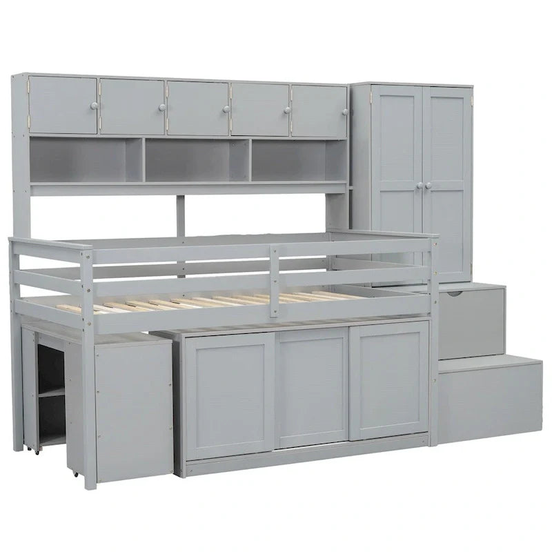 Lit mezzanine double en bois avec rangement, bureau sous le lit, tiroirs, étagères