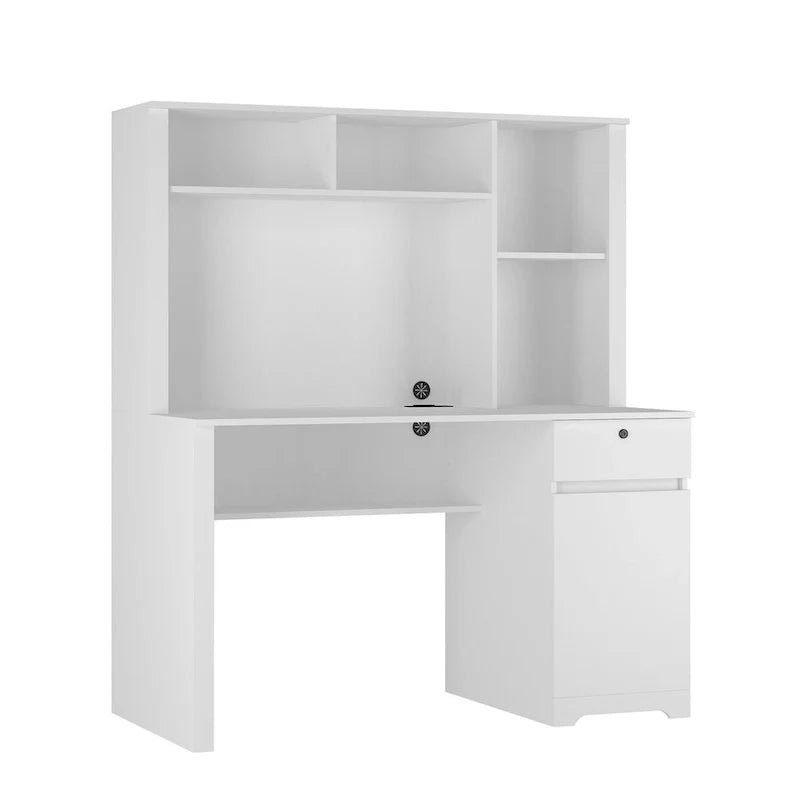 Bureau informatique avec étagère, bureau en bois pour ados, bureau d'ordinateur portable pour le bureau à domicile avec tiroirs, 3 prises secteur et 2 ports de charge USB