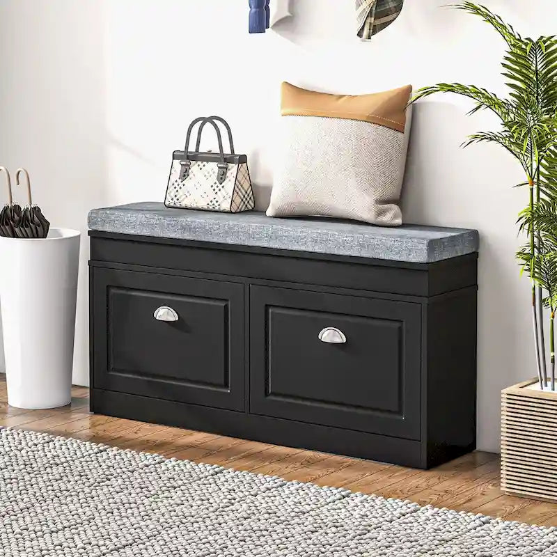 Banc range-chaussures avec coussin, 2 tiroirs et étagère réglable