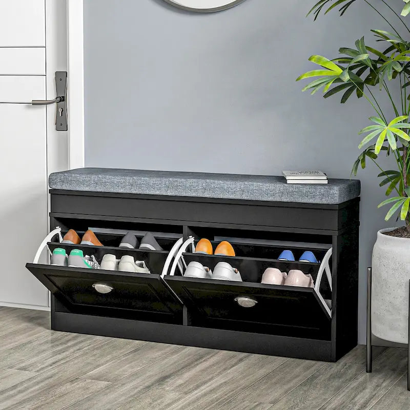 Banc range-chaussures avec coussin, 2 tiroirs et étagère réglable
