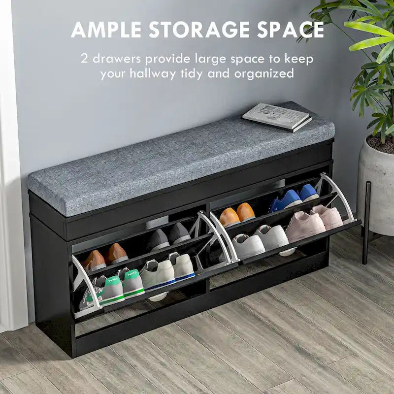 Banc range-chaussures avec coussin, 2 tiroirs et étagère réglable