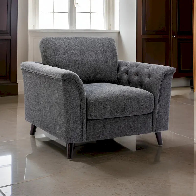 Sen - Fauteuil canapé d'appoint 37 pouces, accoudoirs capitonnés, rembourré, lin gris, bois massif