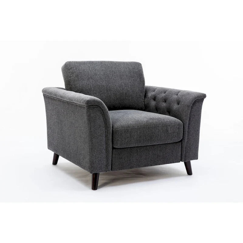 Sen - Fauteuil canapé d'appoint 37 pouces, accoudoirs capitonnés, rembourré, lin gris, bois massif
