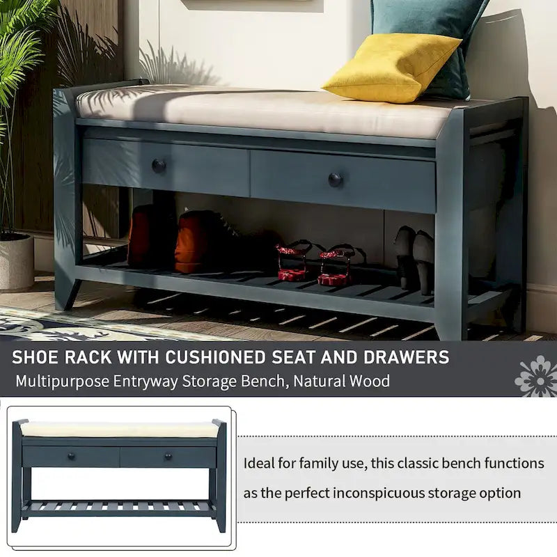Range-chaussures avec assise rembourrée et tiroirs, banc de rangement d'entrée polyvalent (bleu marine antique)