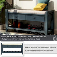 Range-chaussures avec assise rembourrée et tiroirs, banc de rangement d'entrée polyvalent (bleu marine antique)