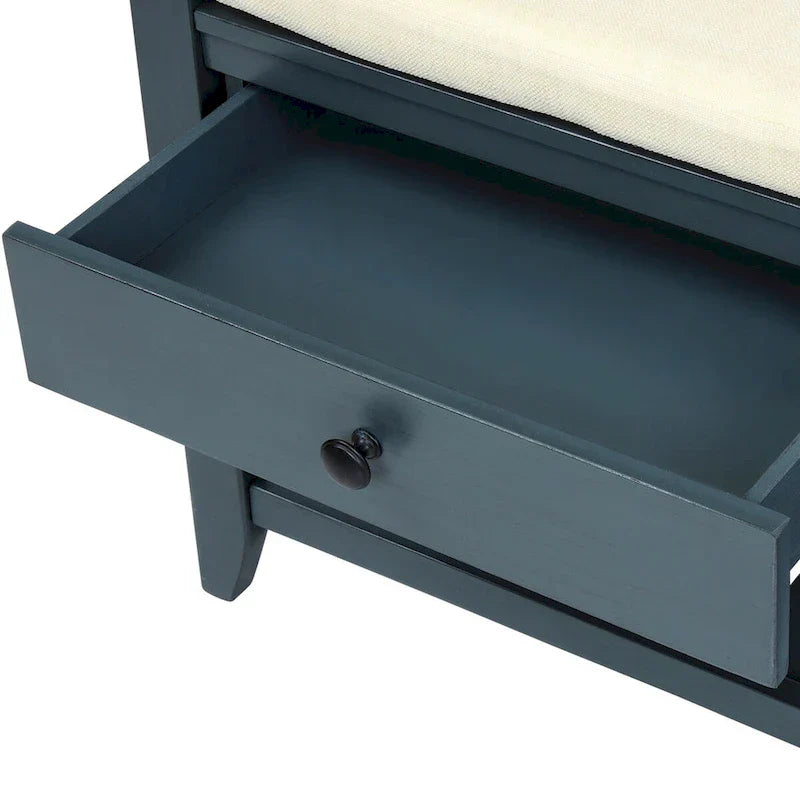 Range-chaussures avec assise rembourrée et tiroirs, banc de rangement d'entrée polyvalent (bleu marine antique)