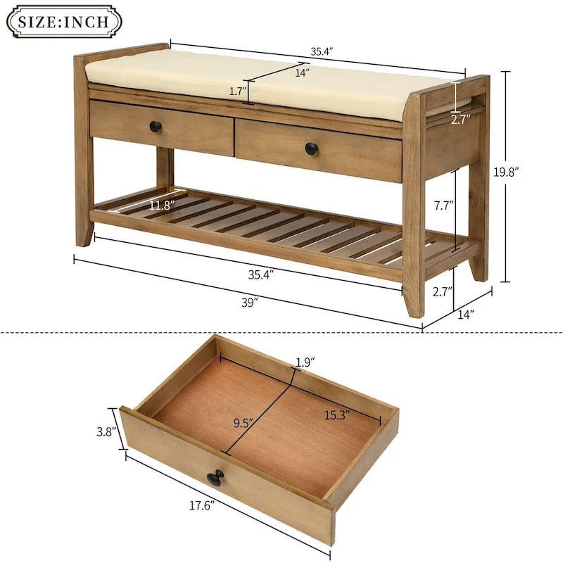 Range-chaussures avec assise rembourrée et tiroirs, banc de rangement d'entrée polyvalent (bleu marine antique)