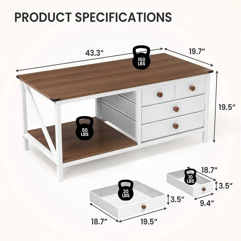 Table basse avec 4 tiroirs de rangement - 19,7 P x 43,3 L x 19,5 H