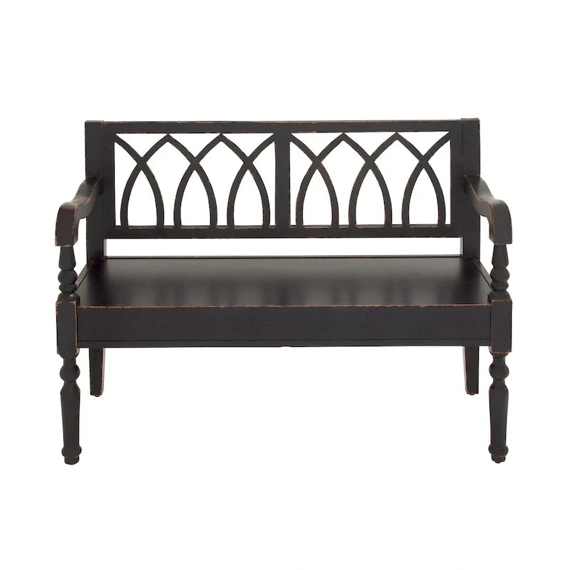 Banc en bois vieilli avec dossier arqué et pieds tournés – Noir ou blanc – Roche River Decor