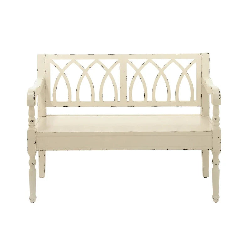 Banc en bois vieilli avec dossier arqué et pieds tournés – Noir ou blanc – Roche River Decor