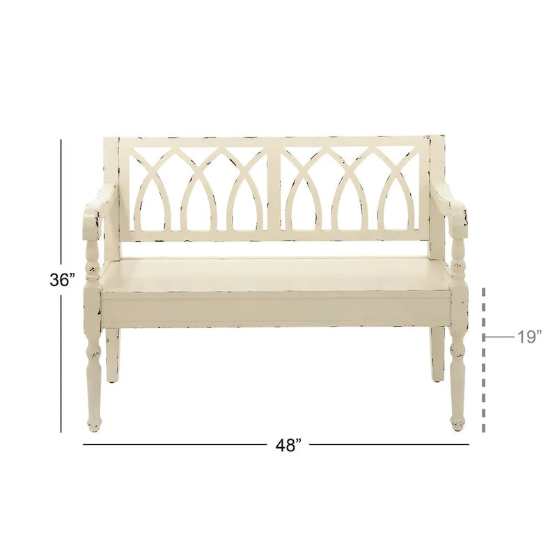 Banc en bois vieilli avec dossier arqué et pieds tournés – Noir ou blanc – Roche River Decor