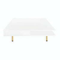 Table basse laquée : 4 pieds dorés, 2 tiroirs, design carré à 2 niveaux