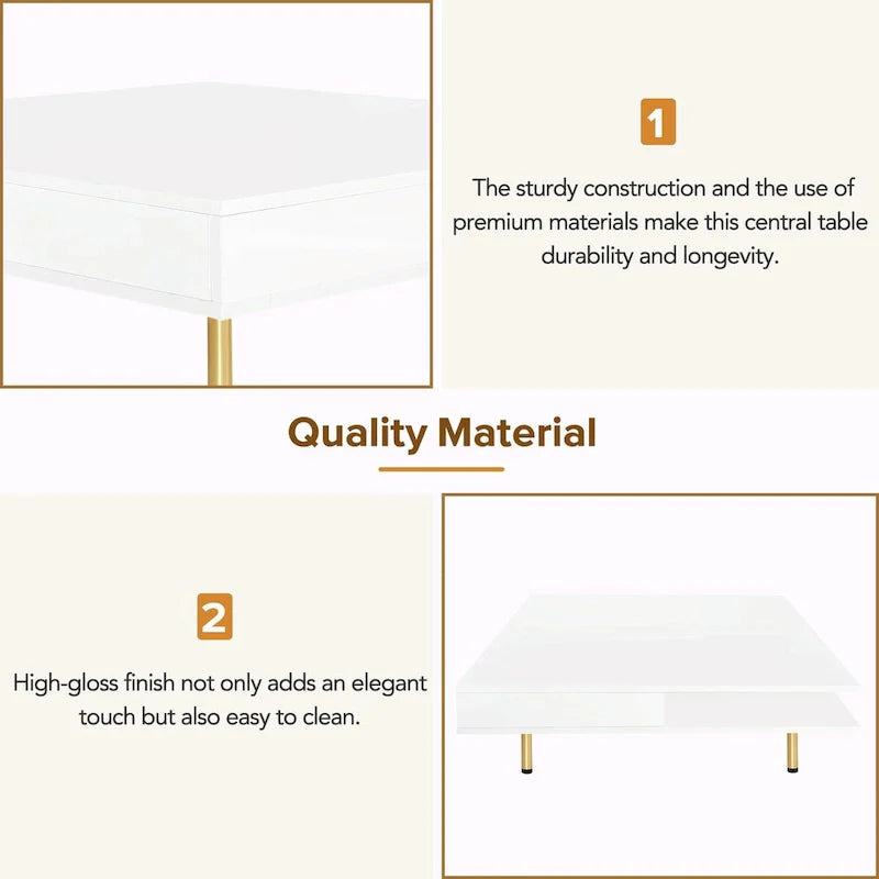 Table basse laquée : 4 pieds dorés, 2 tiroirs, design carré à 2 niveaux